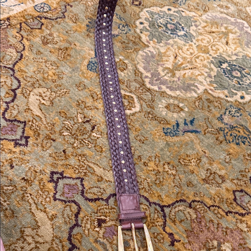 Michael Kors Vintage Brown Braided Leather Studded Belt - Gold Buckle